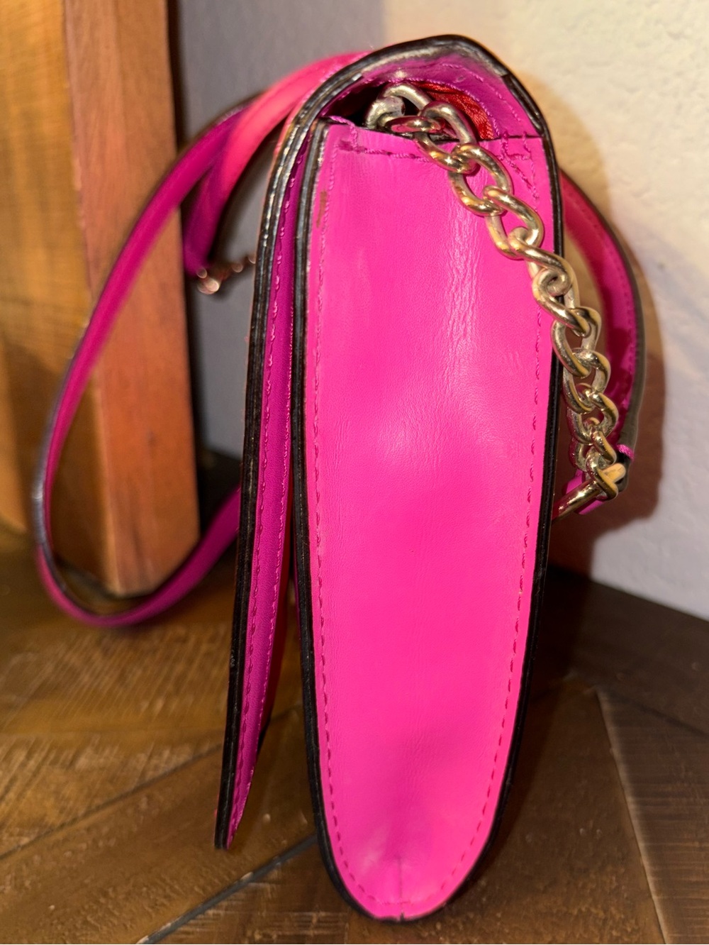 Kate Spade Hot Pink Leather Convertible Clutch Crossbody Gold Turn Lock - Picture 3 of 8